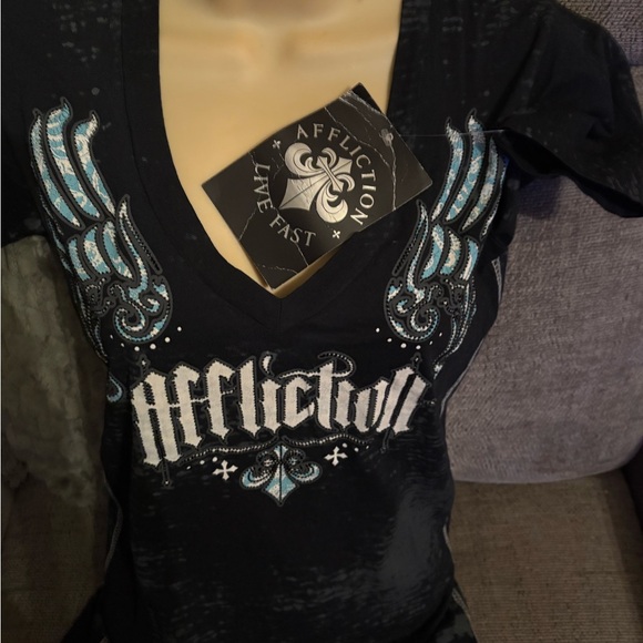 Affliction Tops - Affliction Women's Black and Blue Winged Tee